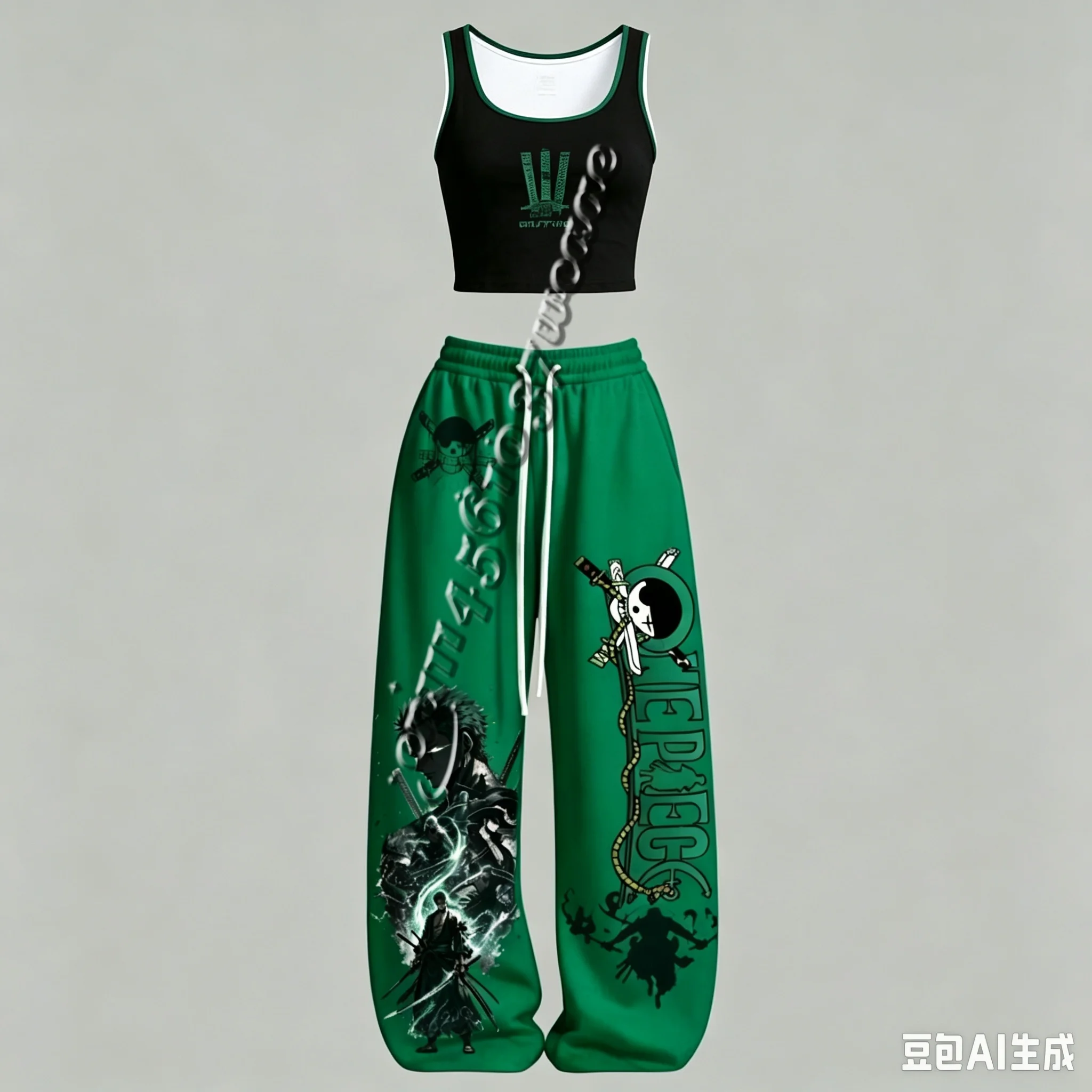 Neues One Piece Luffy Gear5 Zoro Serie Anime-Charakter Tanktop und Weite Hose Set, Unisex Anime-Outfit für die Familie – Detail 6