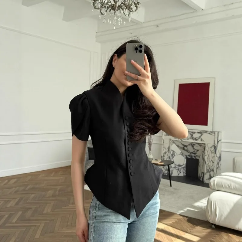 

New Cross-border Women's Fashion Elegant Puffed-sleeve Top Waist-cinching Figure-hugging European American Suit Jacket in Stock