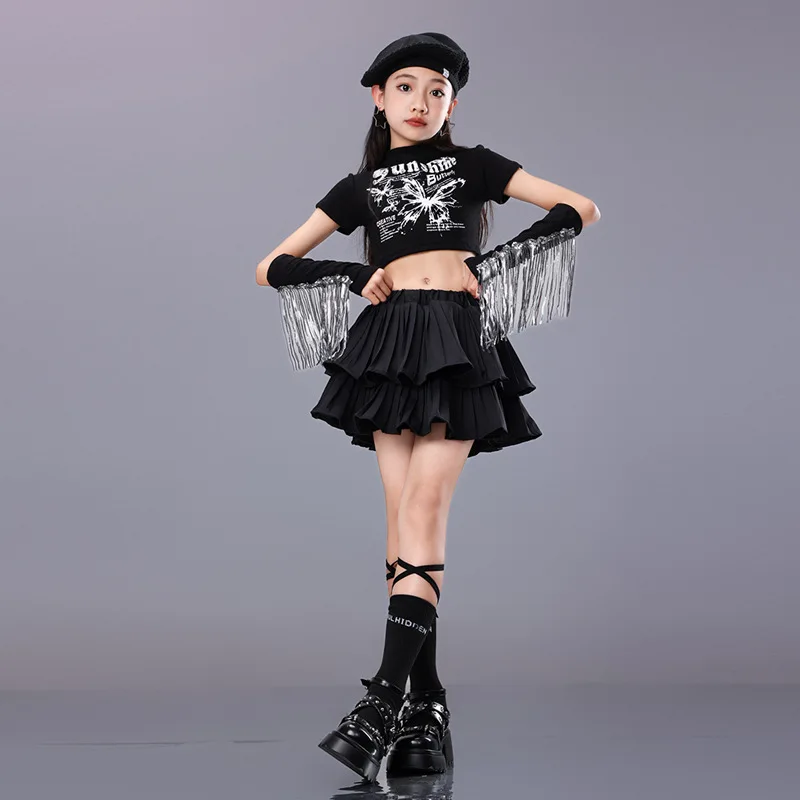 

Kid Hip Hop Clothing Black Mock Neck T Shirt Crop Top Fringe Sleeve Layered Pleat Mini Skirt for Girl Jazz Dance Costume Clothes