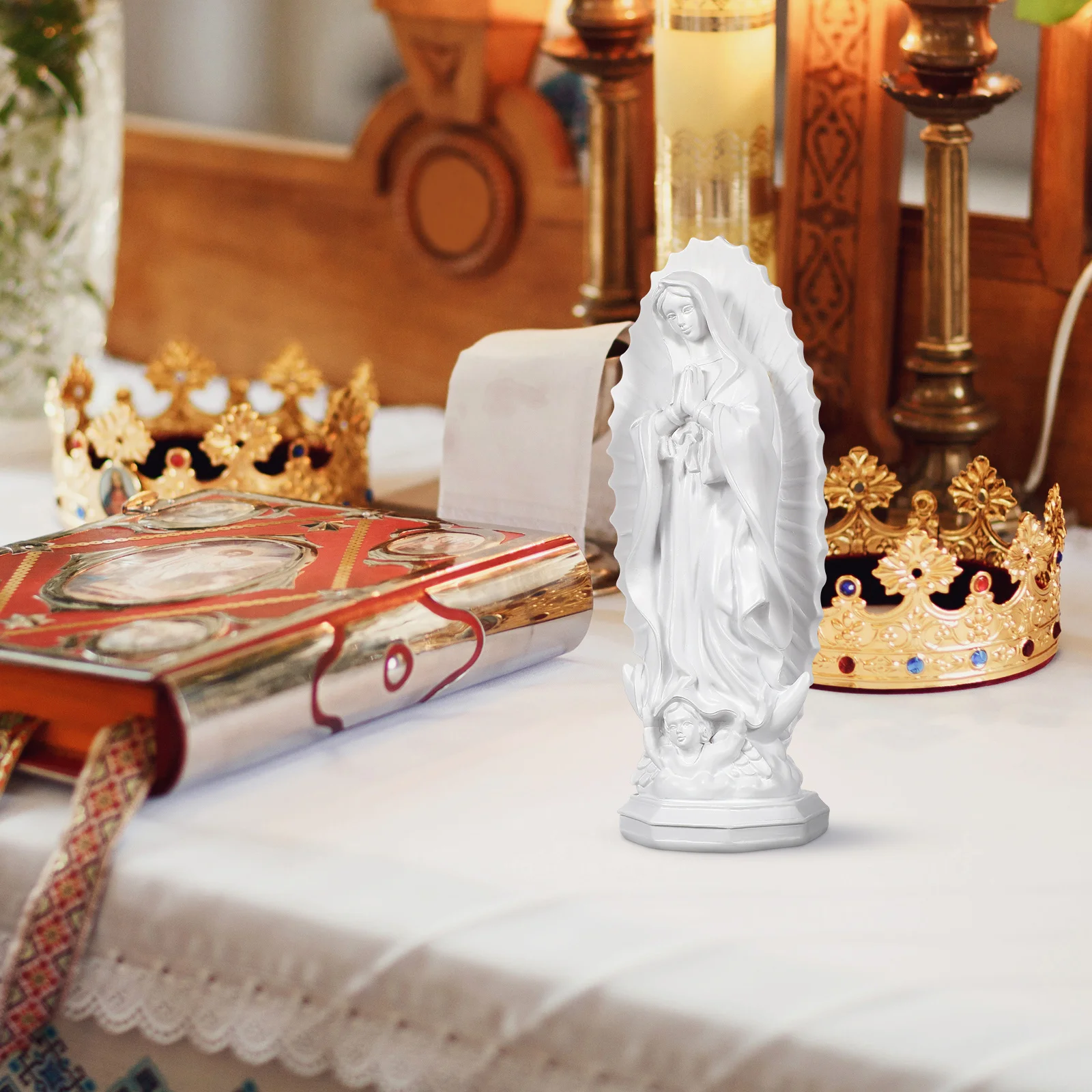 تمثال مريم الراتنج مصغر الكاثوليكية الزخرفية النحت الدينية سطح المكتب زخرفة مريم العذراء الحرفية للمكتب المنزلي #2