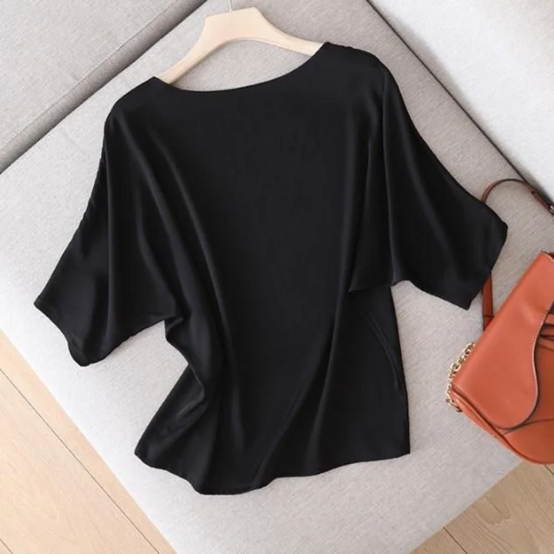 Women Clothing Temperament Loose T Shirts Summer New Half Sleeve O-neck Solid Color Simplicity Office Tops Tees Elegant Fashion