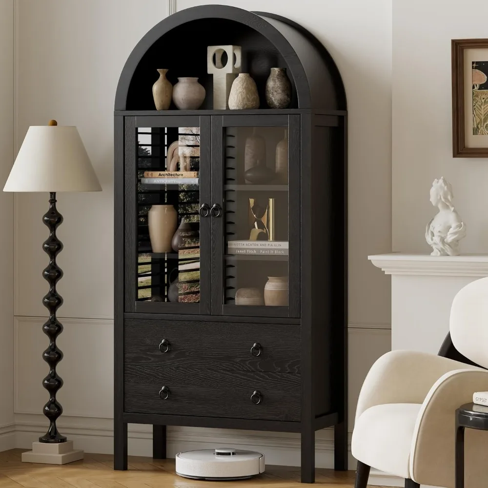 

71" Tall Arched Cabinet with Glass Doors, Kitchen Pantry Cabinet, Wood Arched Bookshelf with Doors and Drawers, Modern Display S