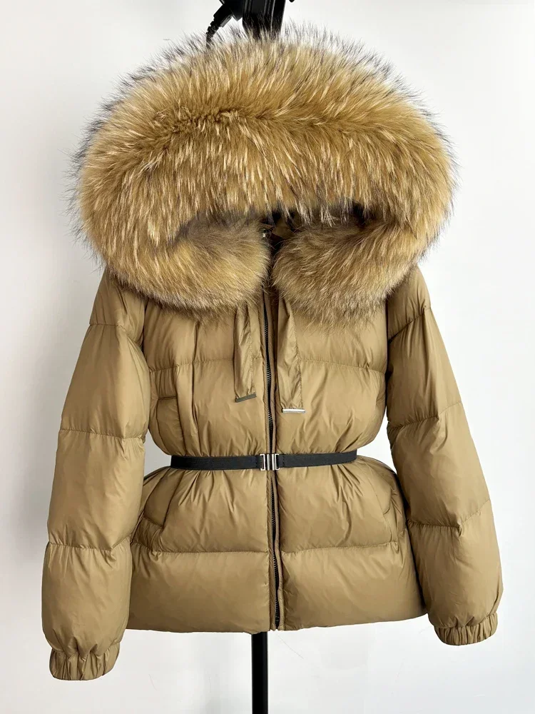 Janveny enorme piel de mapache auténtica con capucha 2024 chaqueta acolchada corta para mujer 90% plumón de pato Parkas de plumas impermeables para invierno 90%