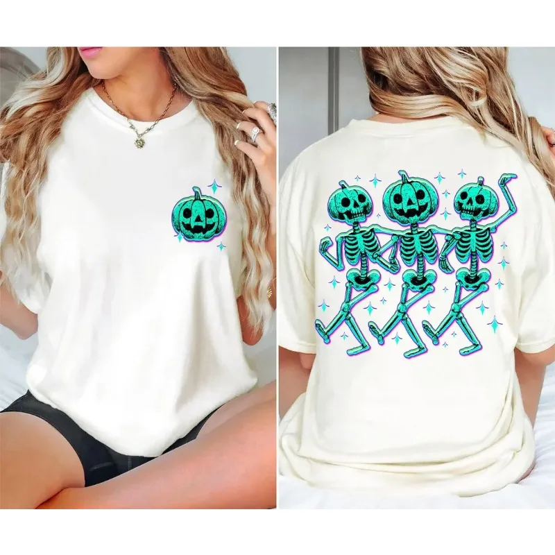 Neon Pumpkin Skeleton Halloween Shirt Dancing Skeleton Pumpkin T-shirt Ghost Halloween Skeleton Shirt Pumpkin Women's T-shirt