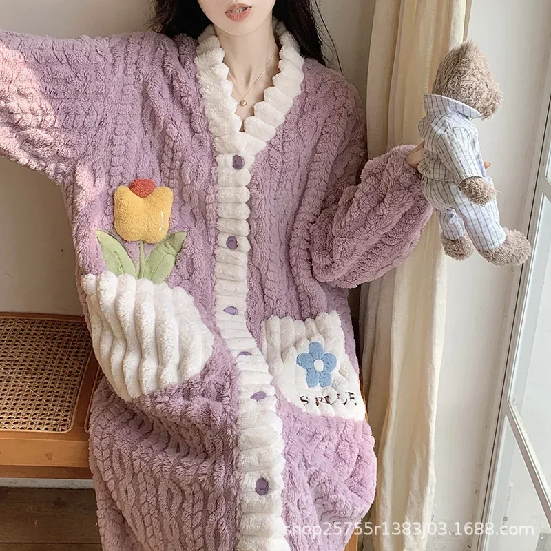 Nightgown Winter Women's Clothing Thickened Padded Home Loose Cozy Simple Affordable Soft Elegant High-quality Casual Warm Sweet
