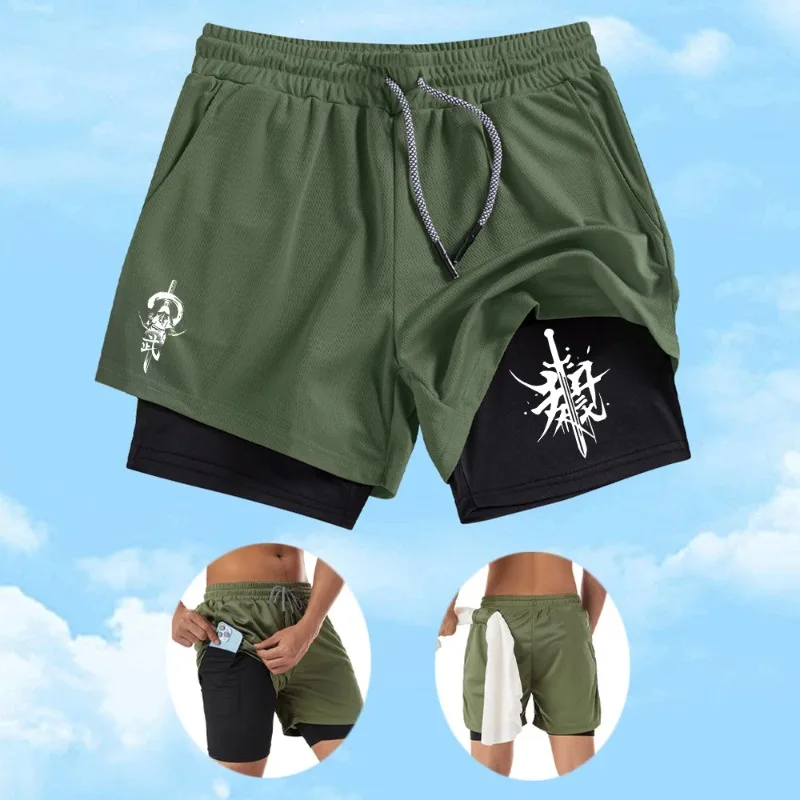 Men's Double Layer Sports Shorts Summer Casual Phone Pocket Workout 2-in-1 Harajuku Jogging Double Deck Oggers Beach Towel Loop