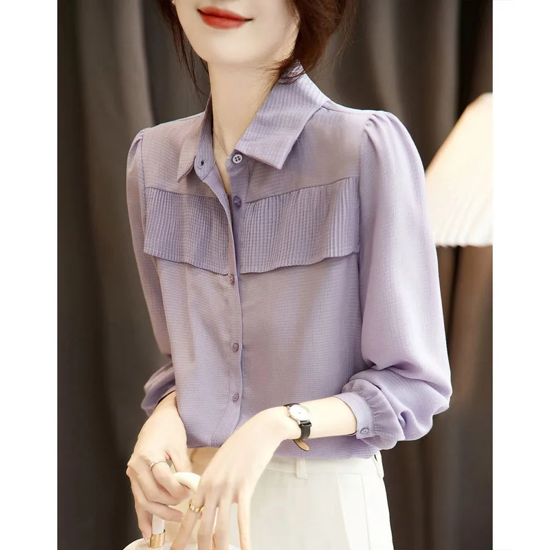 Fashion Solid Color Anti-wrinkle Single-breasted Blouse Women Classic Long Sleeve Polo Collar Korean Office All-match Lady Shirt