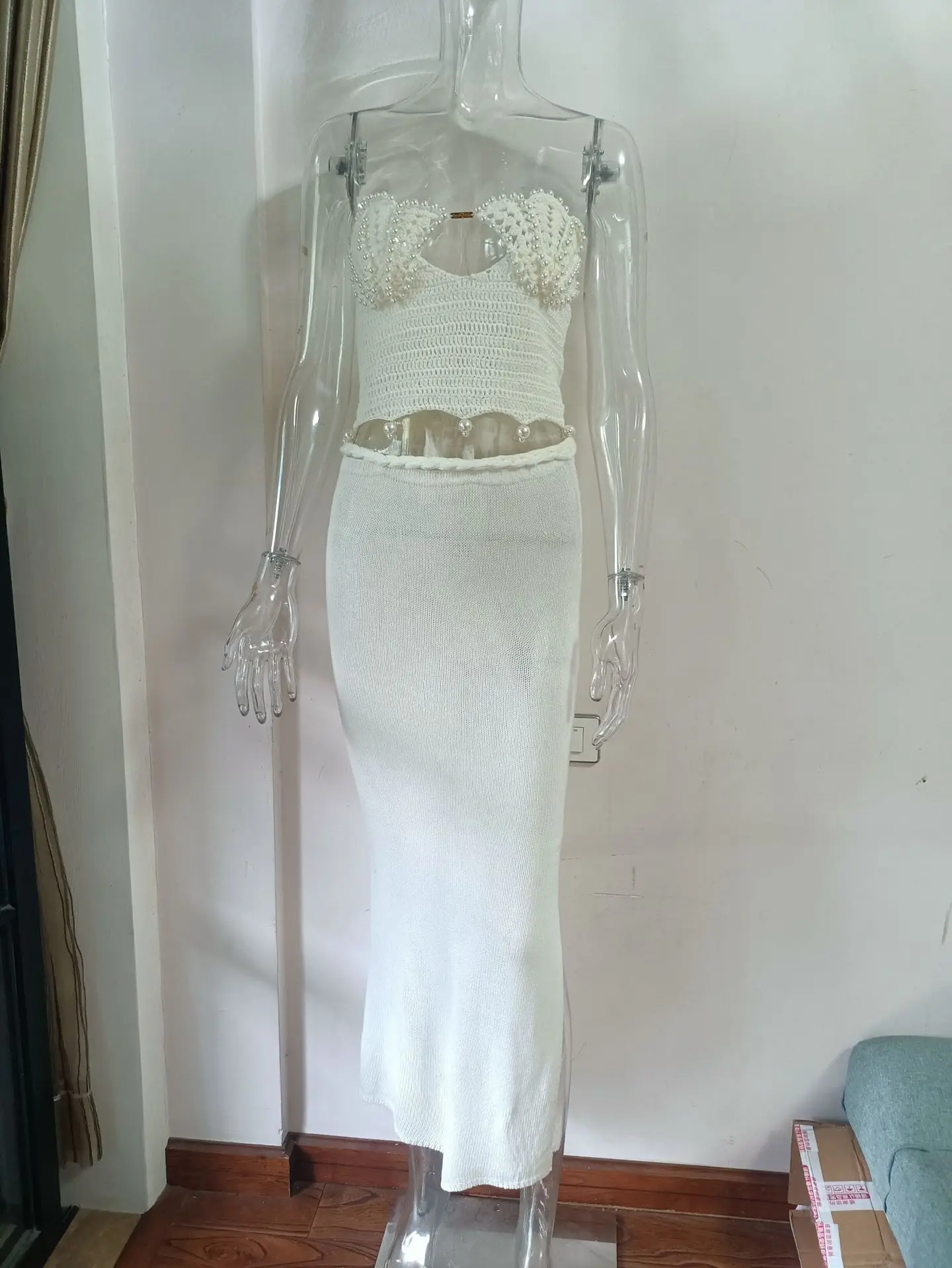 Zeyla Set da donna estivo 2025 con top in rilievo fatto a mano e maxi abito all'uncinetto Boho Chic Abito con gonna a corsetto artigianale Vacanza al mare