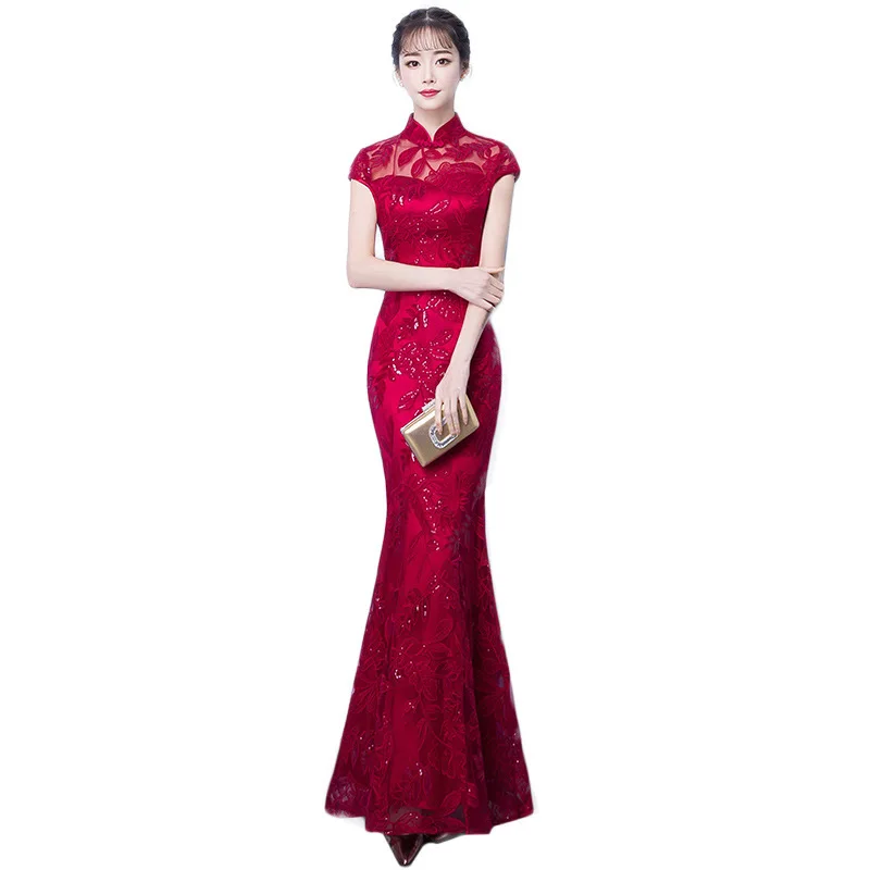 Vrouw Retro Oosterse Slanke Lange Mermaid Cheongsam Chinese Stijl Vintage Qipao Toast Kleding Elegant Wedding Party Jurken