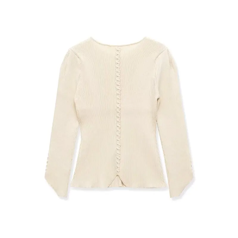 Spring Summer 2026 New round Neck Bubble Long Sleeve Knitted Jacket Women's Fashion Versatile Outerwear Simple Casual Style