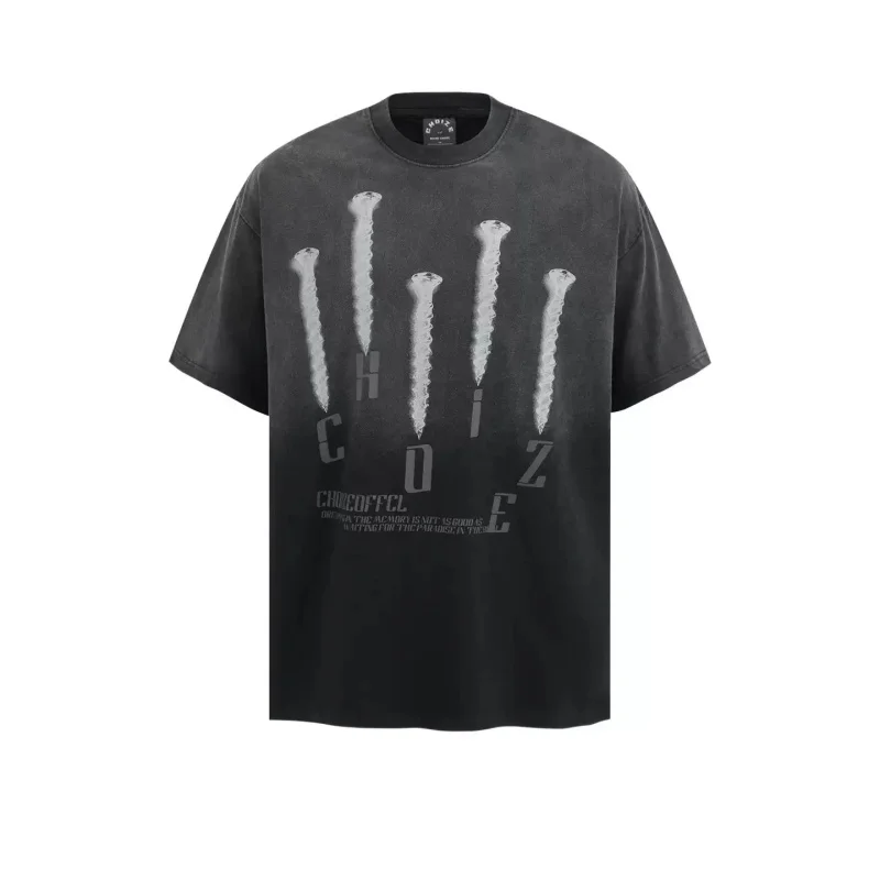 

Niche Original Retro High Quality American Style Fashion Washing Distressed Gradual Change Color Iron Nail Printing T-shirt