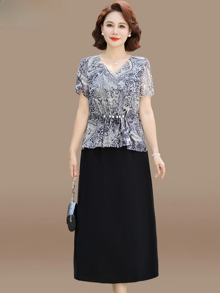 

Faionable Summer Dr Mommy Chiffon Skirt Ele Anti-Aging Mid-Late Year Old Women's Loose Fit V-Ne Midi Skirt