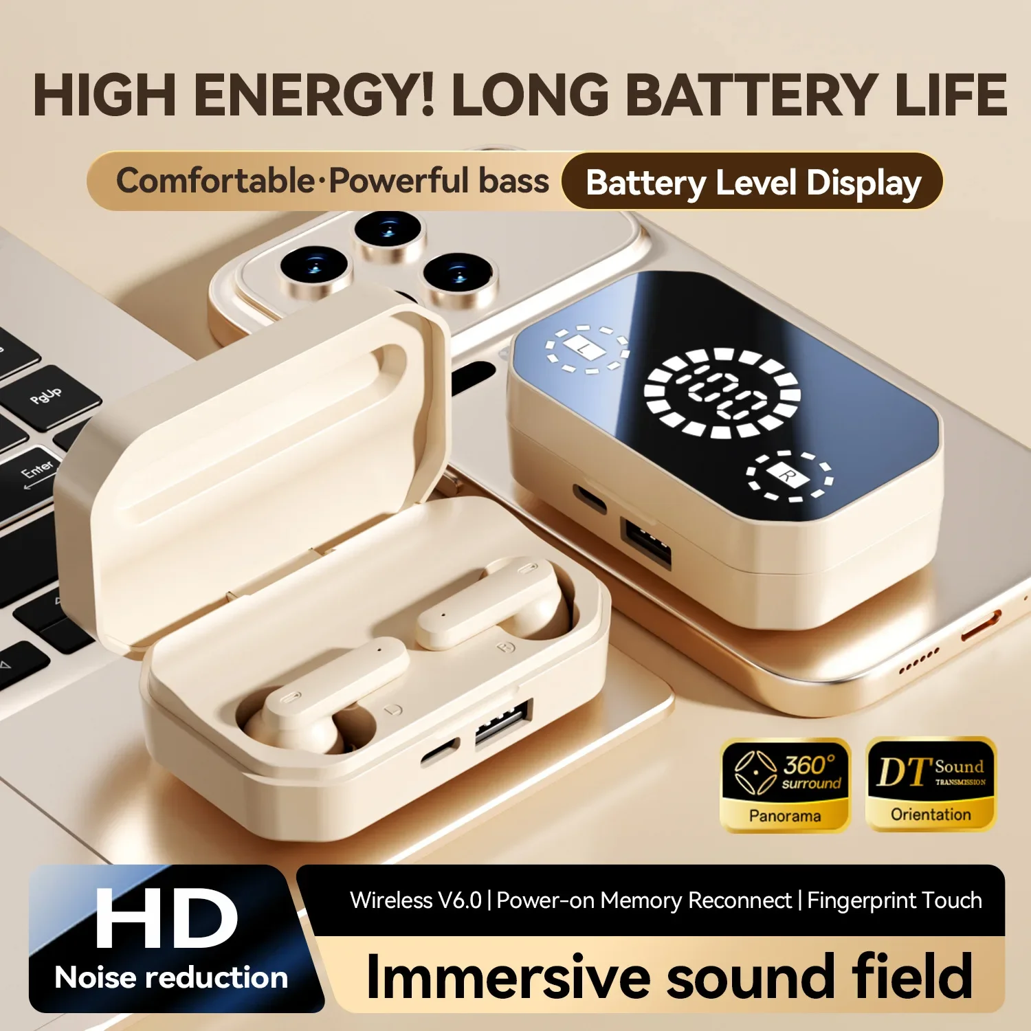 TWS Bluetooth Headphones Gaming Headset LED Battery Display USB Output Port Long Battery Life Fingerprint Touch Noise Reduction
