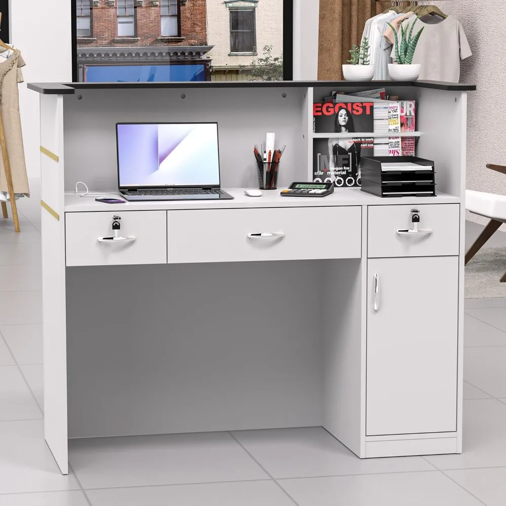 Reception Desk with Counter, Modern Front Table Equipped Lockers & Storage Shelves, 50-inch Checkout Counter