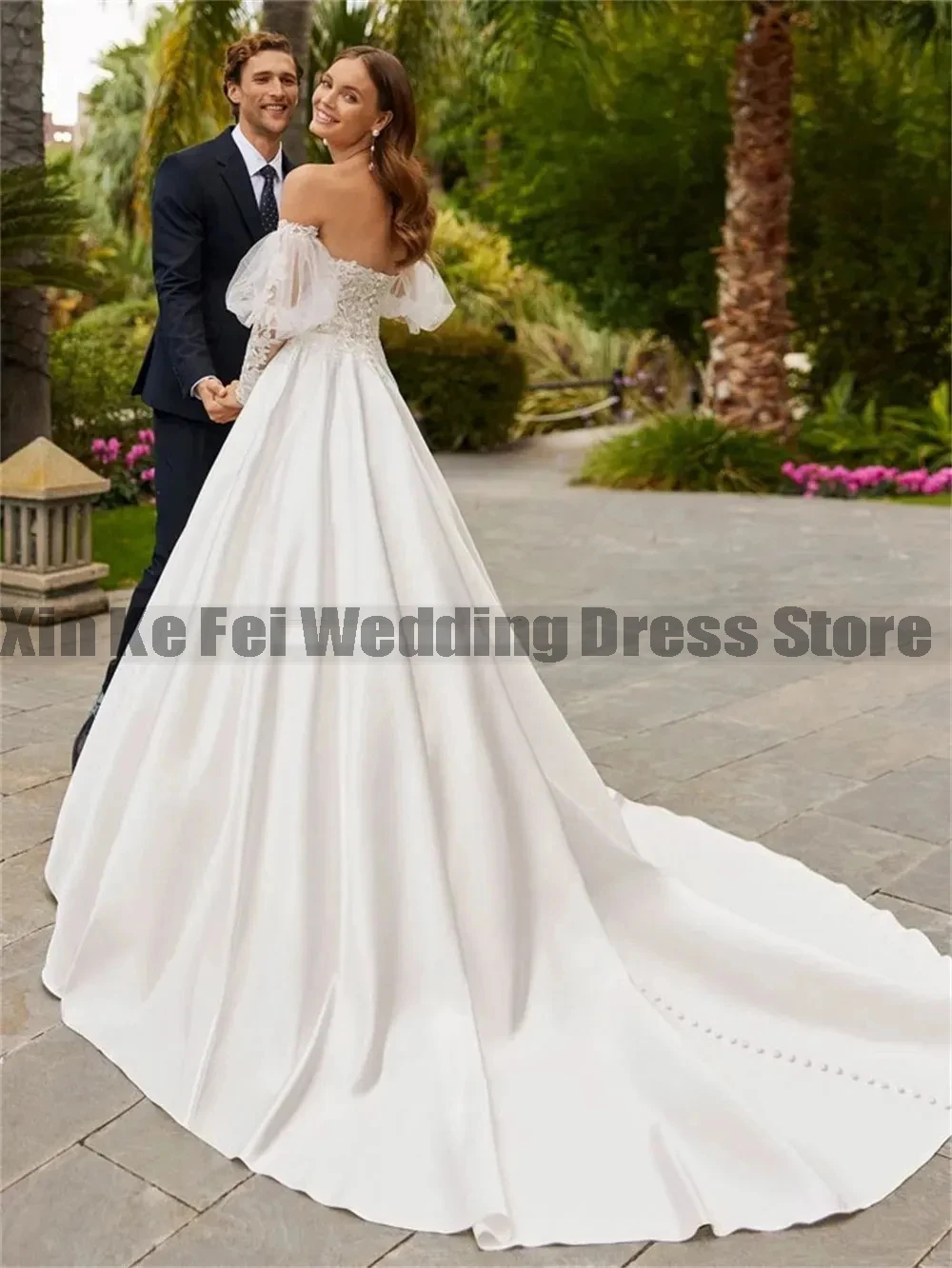 Hermoso vestido de novia con hombros descubiertos, apliques de encaje, mangas largas esponjosas, vestidos de novia formales, vestidos de novia de princesa