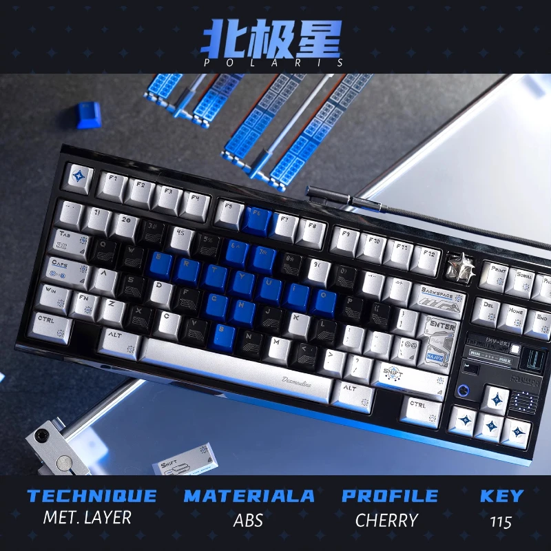 Polaris-theme Keycap Custom PBT/ABS Metallic Paint Cherry Keycaps Side Carving  Silver Blue Black Point Key Caps for Gamers