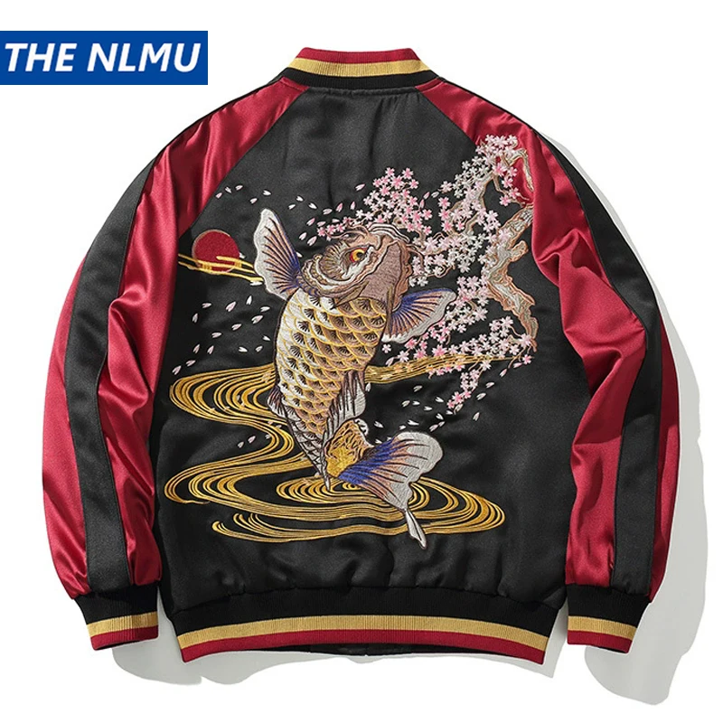 

Men's Koi Fish Embroidered Baseball Jacket Spring Autumn Streetwear Japanese Sukajan Souvenir Jackets Coats