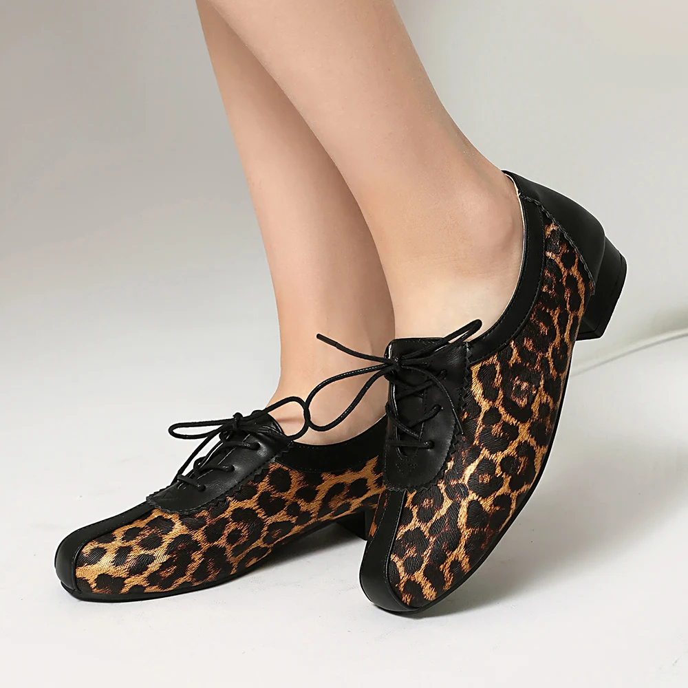 Comfortable Women Brogues Shoes 2.5cm Low Chunky Heels Lady Casual Pumps Wide Fit  Big Plus Size 10 44 48 Leopard Oxfords