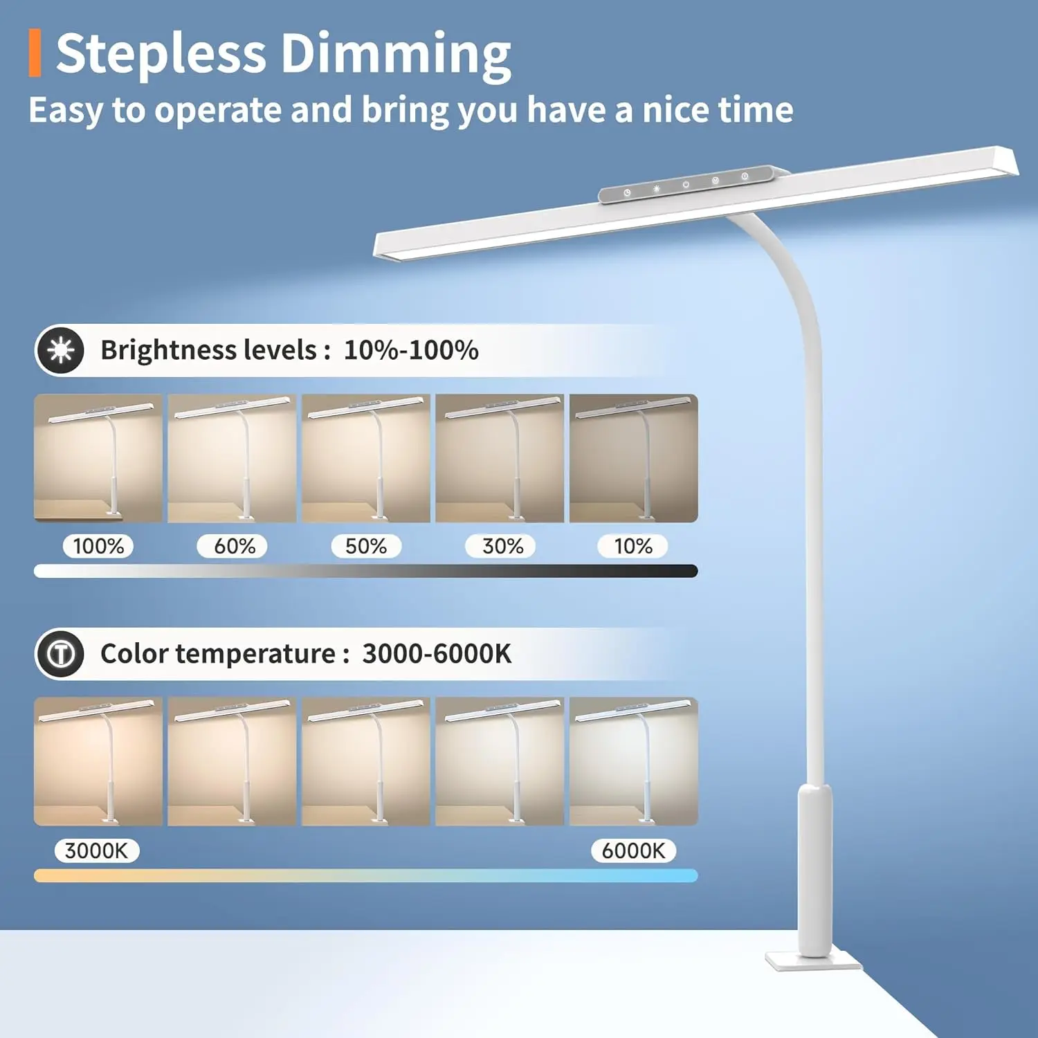 Imagem -03 - Stepless Dimming Led Desk Lamp Cores Lâmpadas de Mesa para Home Office Memória Ajustável Luz com Grampo Controle de Toque