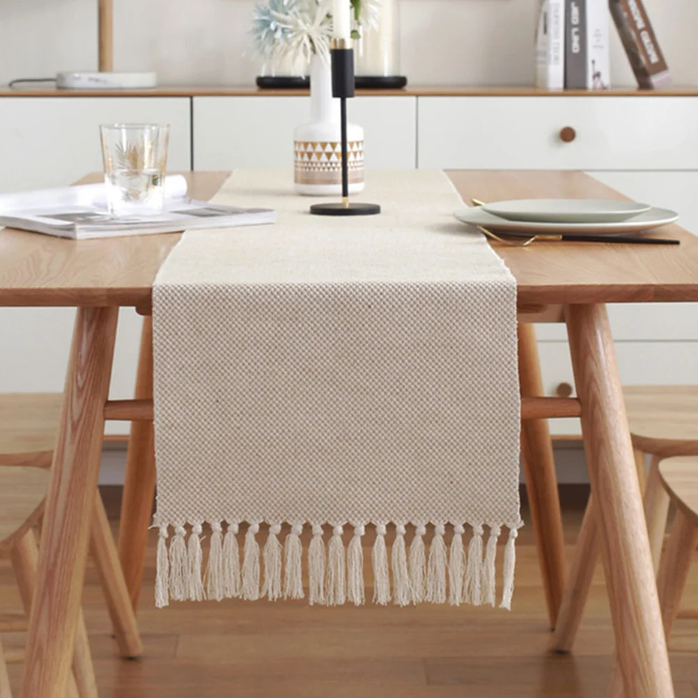 

Farmhouse Rustic Woven Tassel Table Runner Cotton Dining Tablecover Long Tablecloth Decoration Tassel Table Runner