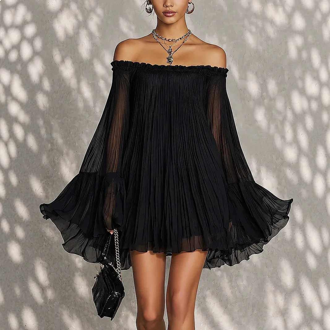 Black One Shoulder Off Shoulder Dress Backless Ruched Lantern Sleeve Mini Dresses Spring Summer Matching Set Jumpsuit Playsuit