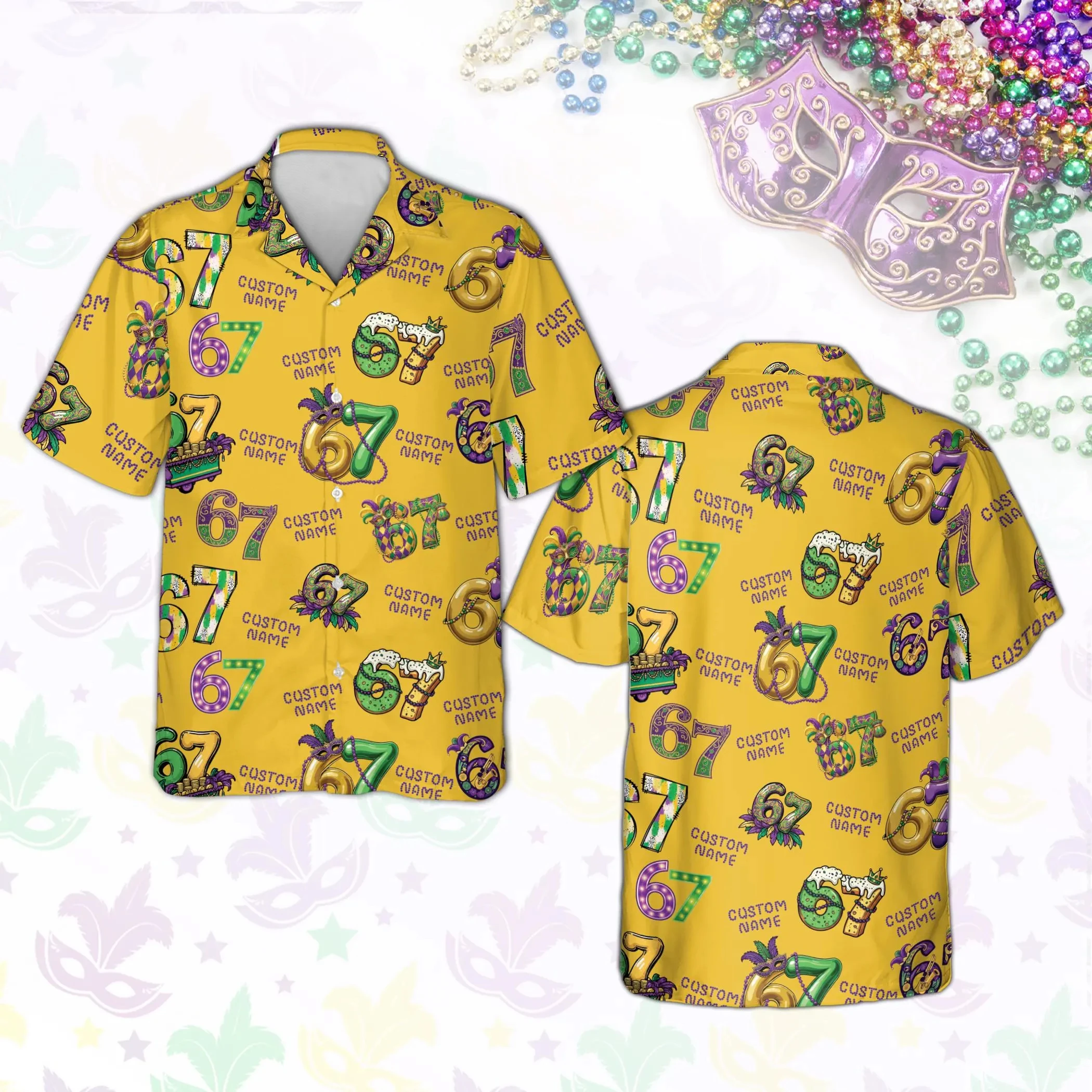 

Custom Name Six Seven Mardi Gras Hawaiian Shirt, Personalized 67 Beads Aloha Top, New Orleans NOLA King Cake Carnival Squad Gift