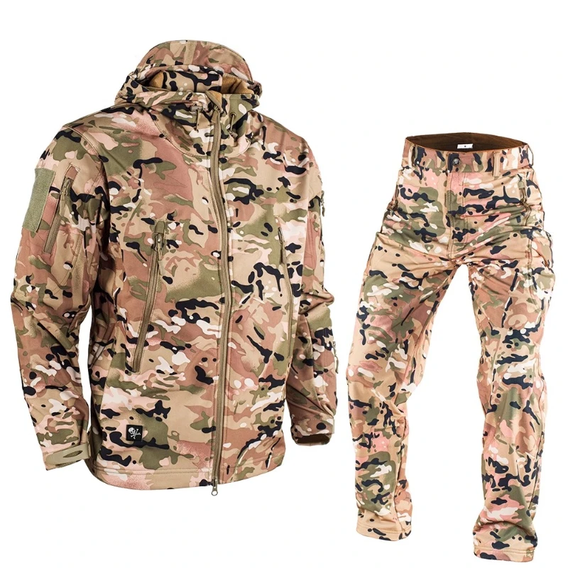 Soft Shell Winter Outdoor Training Set Men Multi Pocket Windproof Tactics Jacket+Fleece Cargo Pants 2-piece Waterproof Camo Suit