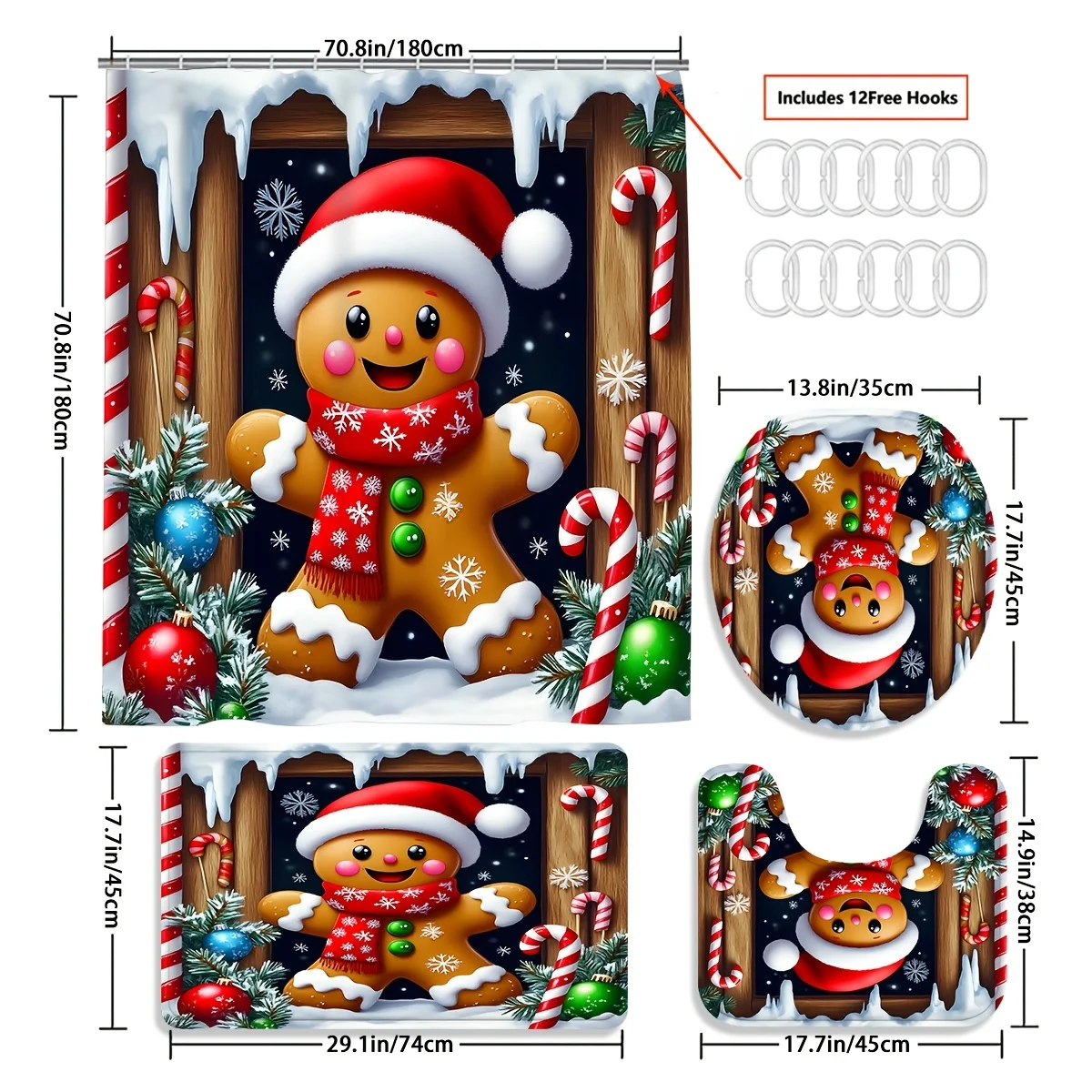 Christmas Gingerbread Man Shower Curtain Set 4Pcs, Xmas Candy Cane Snowflake Print Bathroom Curtain with Non-Slip Rug