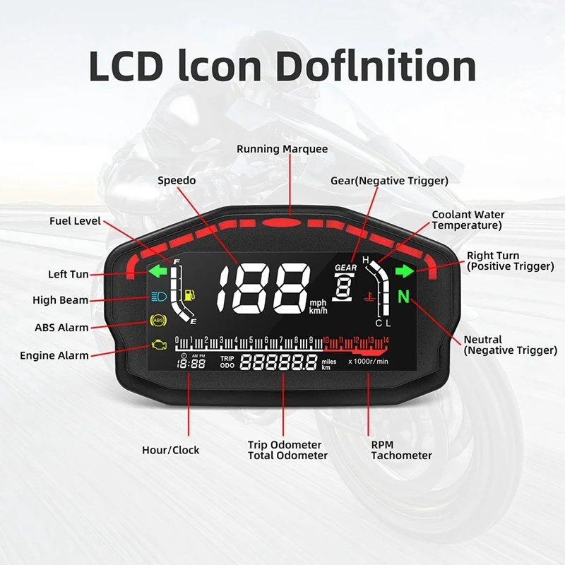 1 zestaw motocyklowy cyfrowy panel cyfrowy LED LCD prędkościomierz licznik kilometrów 1,2,4 cylindry czarny