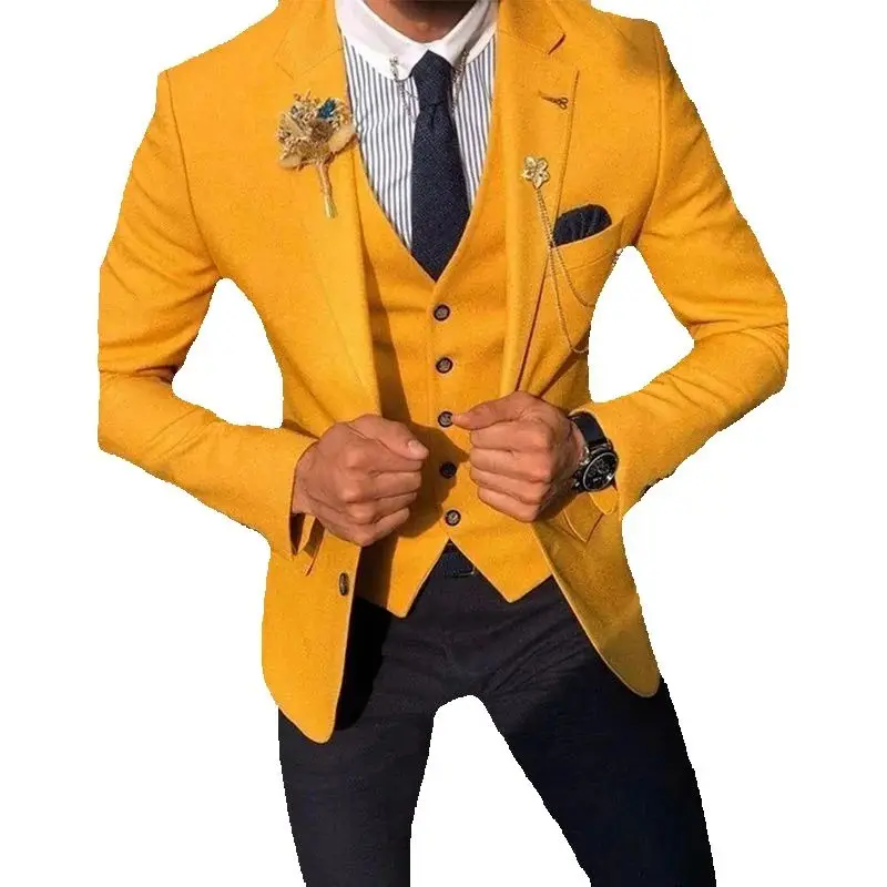 

2025 Elegant Business Men Suit 3 Piece Slim Notched Lapel Wedding Two Button Yellow Groom Wedding Tuxedo Male(Jacket+Pants+Vest)