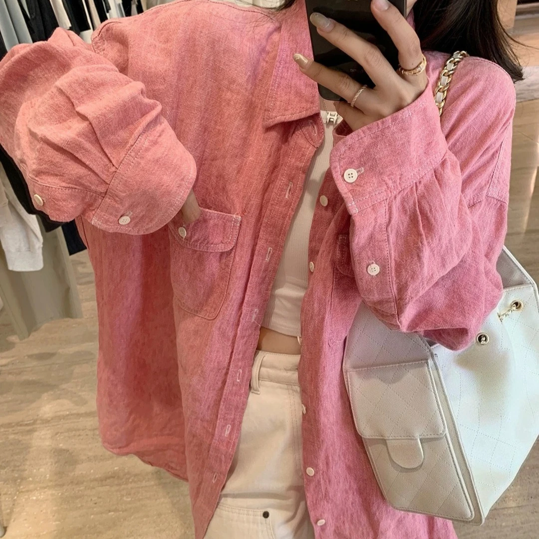 Washed Gradient Silhouette Linen Shirt Women Tops