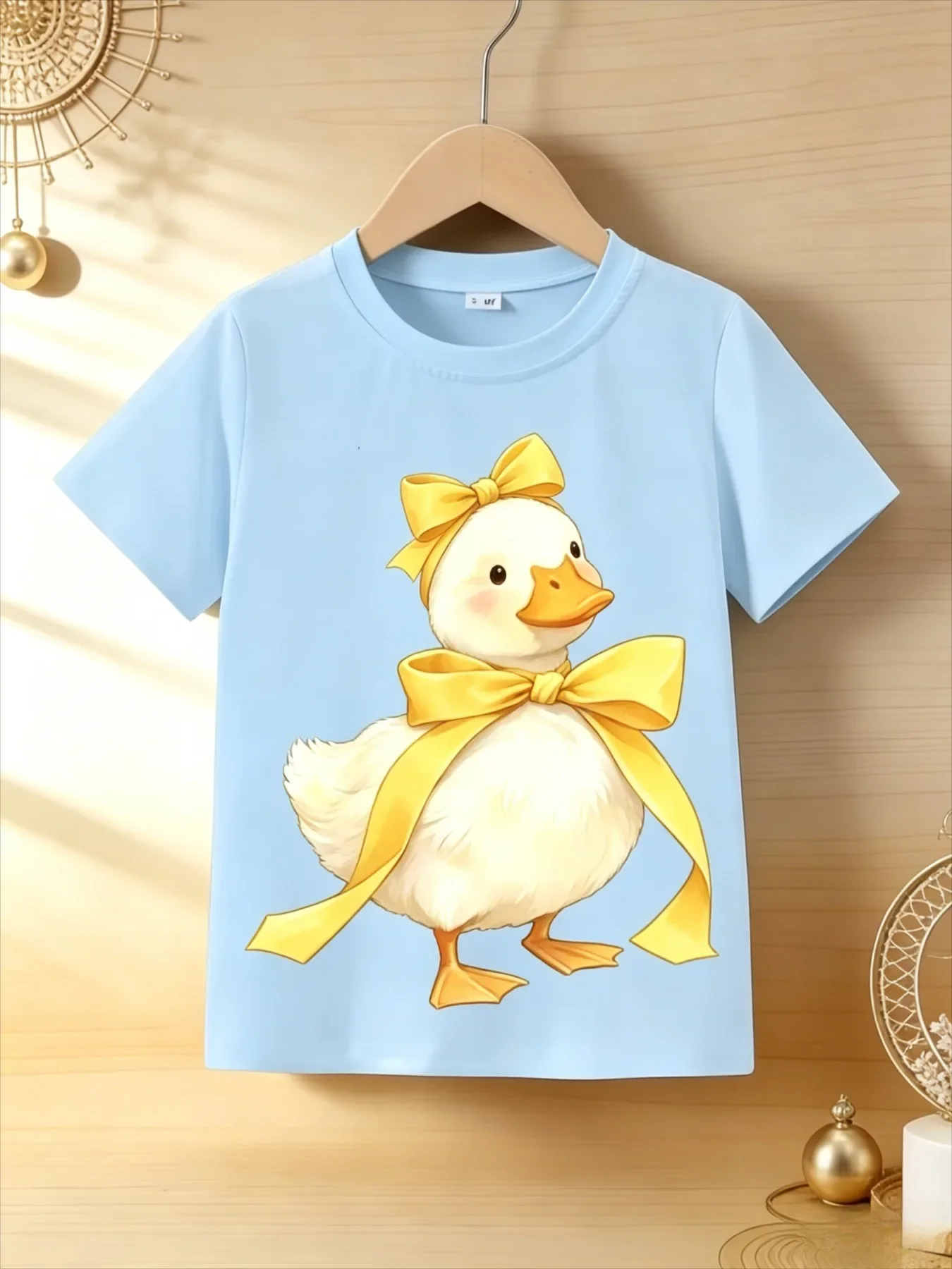 Cute White Duck With Big Yellow Bow Ribbon Graphic Print Kids Short Sleeve Tee Lovely Animal Crew Neck Casual Daily Top