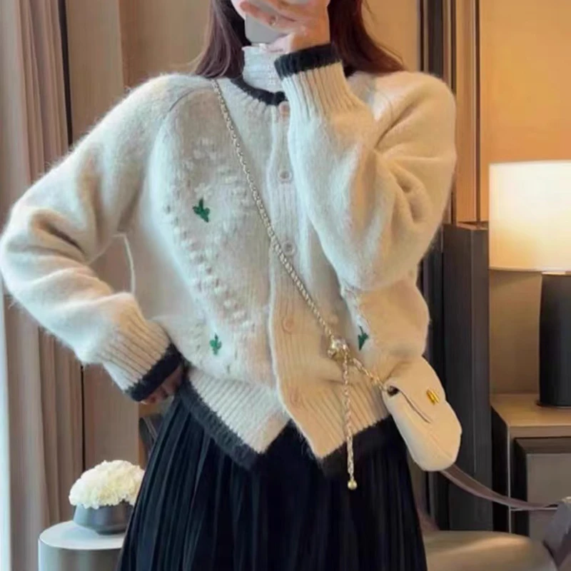 Abrini Buttons Up Knit Cardigan Embroidered Flower Sweet Sweater Coat Loose O-Neck Long Sleeve Warm Jacket Autumn Winter Sweater