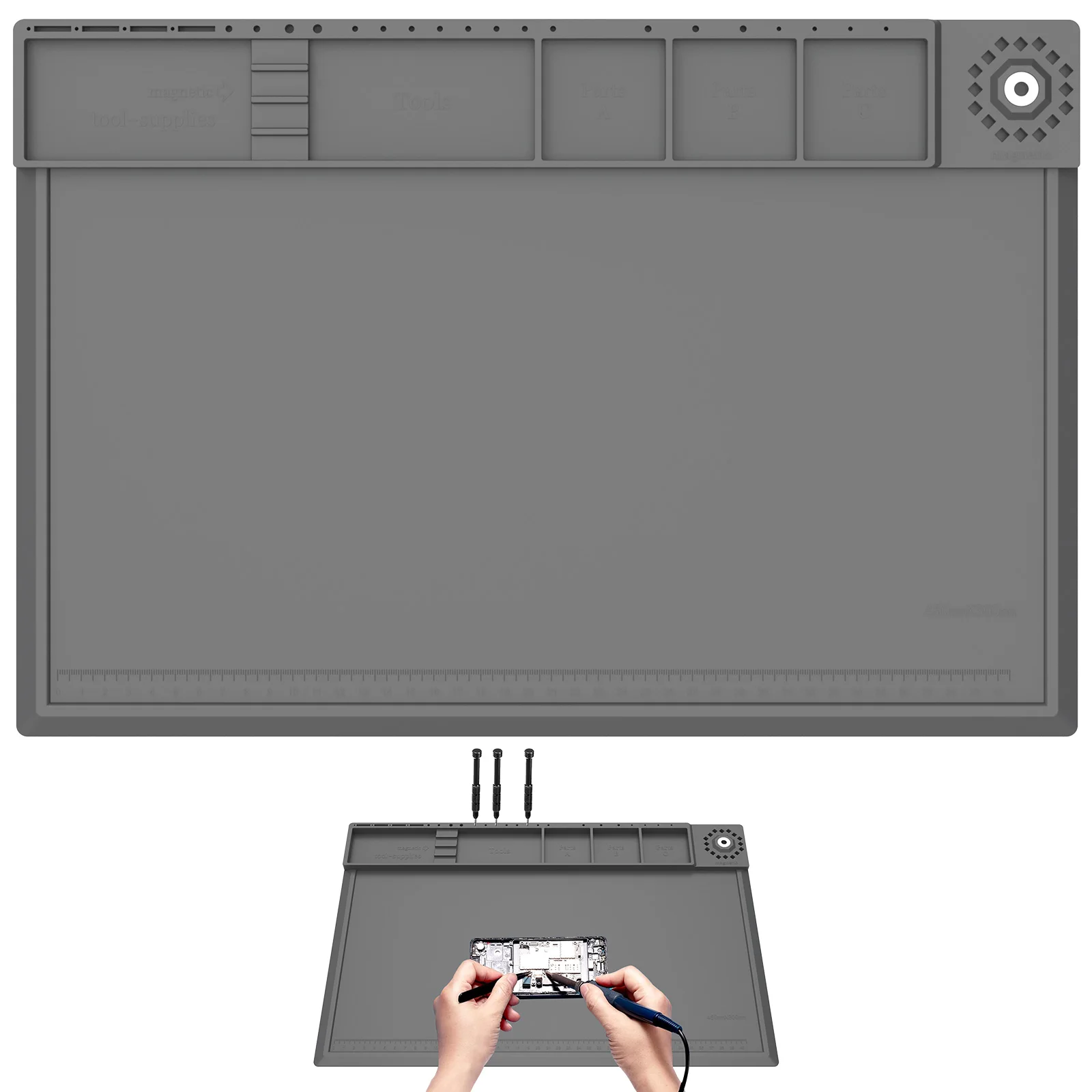 

Silicone Repair Pad 932°F Heat-Resistant Soldering Mat Waterproof Electronic Repair Work Mat with Magnetic and Part Area