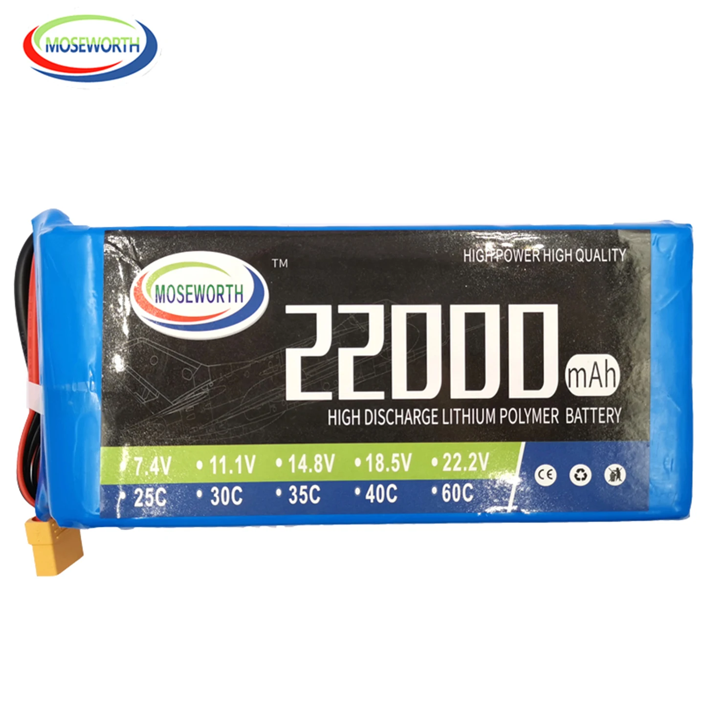 

RC LiPo Battery 6S 22.2V 22000mAh 25C XT90