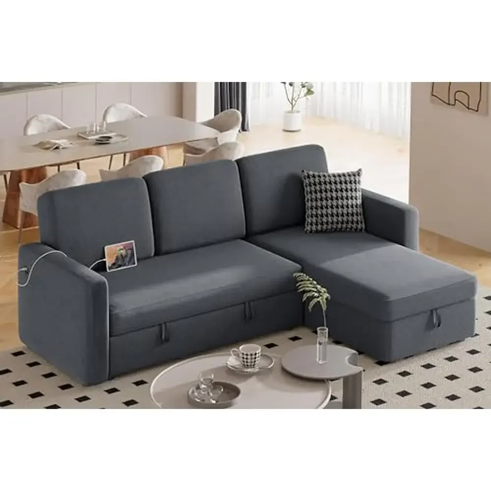 L-Shaped Sectional Sleeper Sofa with Trundle Bed & Storage USB Ports Reversible Couch 4-Seat Fabric Kit