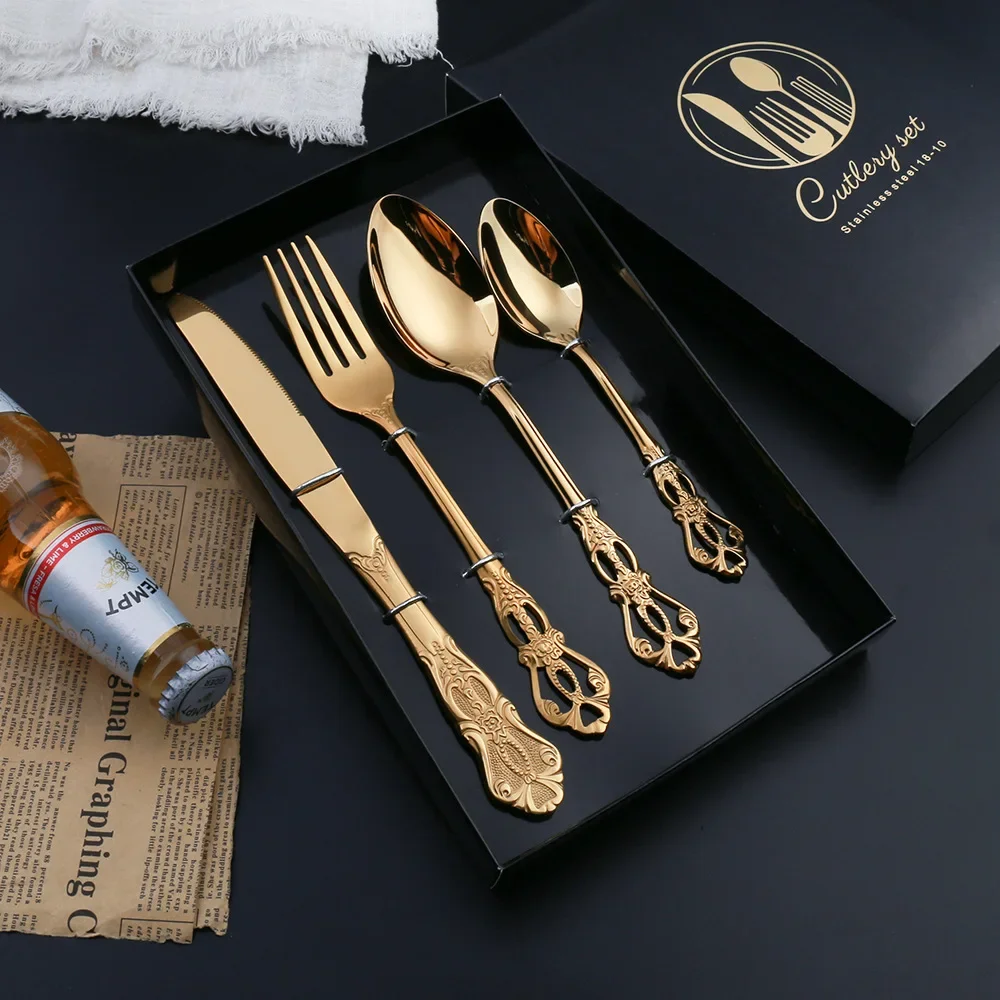 Nordic Complete Tableware of Dishes 24 Pieces Embossed Metal Gold  Cutlery Set Steak Knife Fork Spoon Luxury Carved Western Food