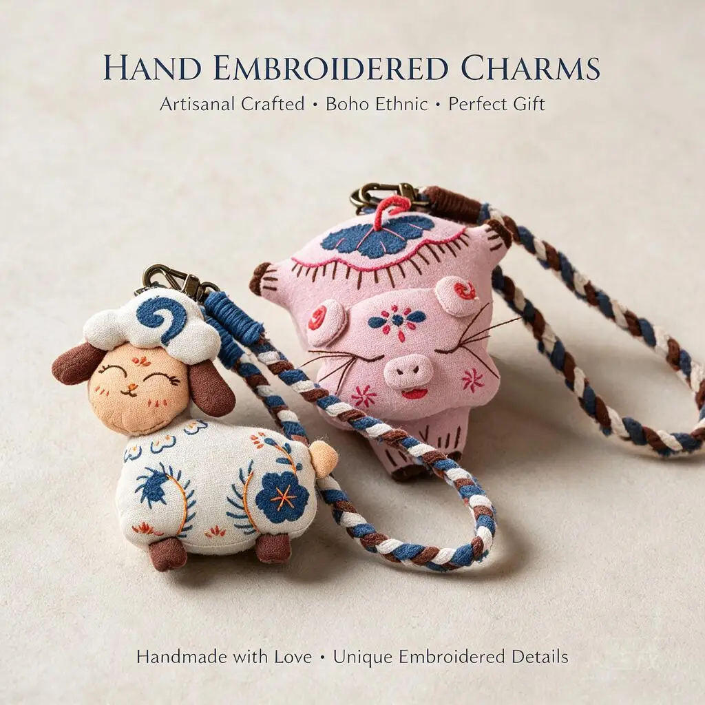 Diy Handmade Embroidery Cute Pig Sheep Plush Pendant Keychain Bag Charm Sewing Craft Kit Gift For Lovers Optional Hoop Finished