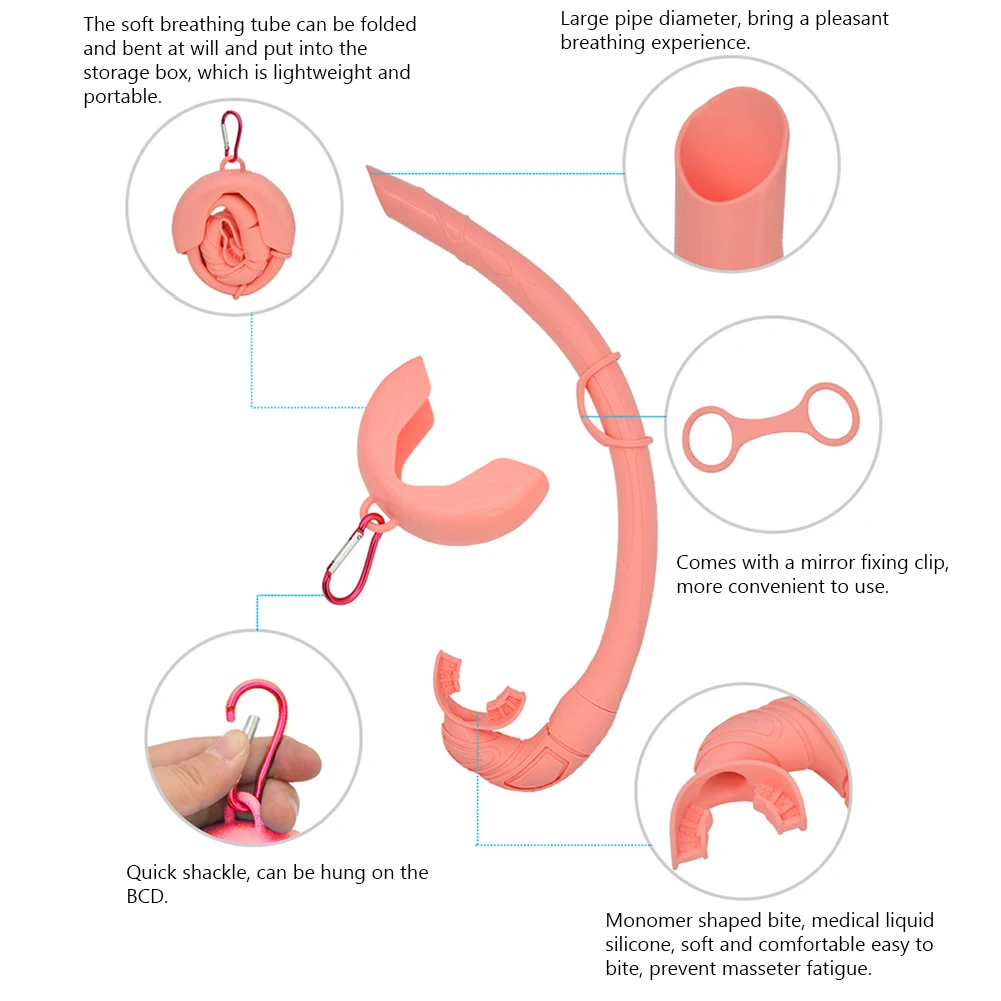 컴팩트 보관 케이스가 있는 실리콘 접이식 스노클링, 남녀공용 롤업 스노클링, 습식 호흡 튜브, 프리다이빙 스노클링