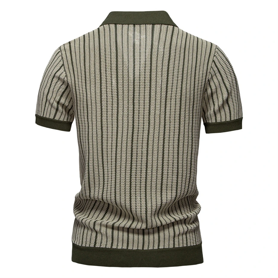 Knitted Stripe Polo Shirt Men Summer Short Sleeve Polo Shirt Fashion Casual Contrast Color Stripe