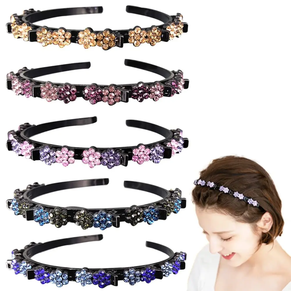 

5Pcs Flower Crystal Hair Bands for Women Double Layer Twist Plait Headband with Clips Hollow Woven Hair Accessories