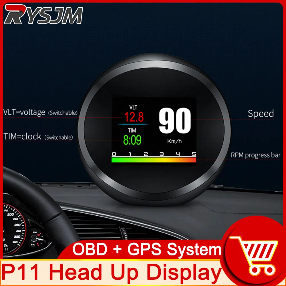 AD P11 헤드업 디스플레이 OBD + GPS HUD 자동 헤드업 디스플레이 속도계 프로젝터, 자동차 전자 과속 경보 경사 기울기, km/h MPH 