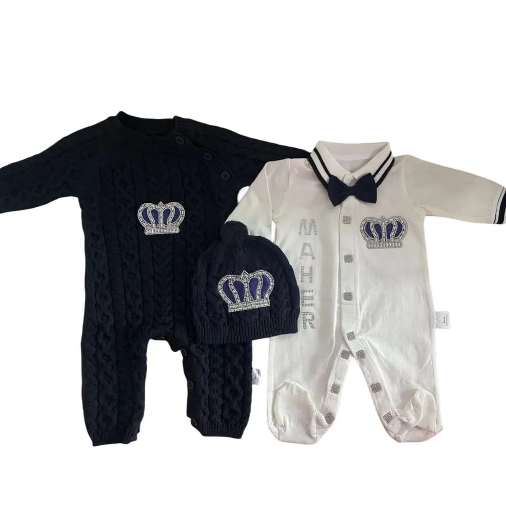 Dollbling 2023 Winter New Crochet Baby Romper Set Newborn Boy Christmas Gift Box Knit Royal Blue Bling Crown Romper Bonnet Set