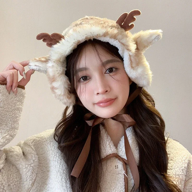 Christmas Deer Plush Cute Puppy Ear Protection Plush Earmuffs For Women Winter Warm Versatile Antler Strap Beanies Caps Headband