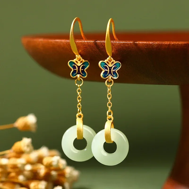 

Chinese Style Vintage Cloisonne Butterfly Hotan Stone Ping Buckle Copper Alloy Earrings for Women Girlfriend Gift Jewelry