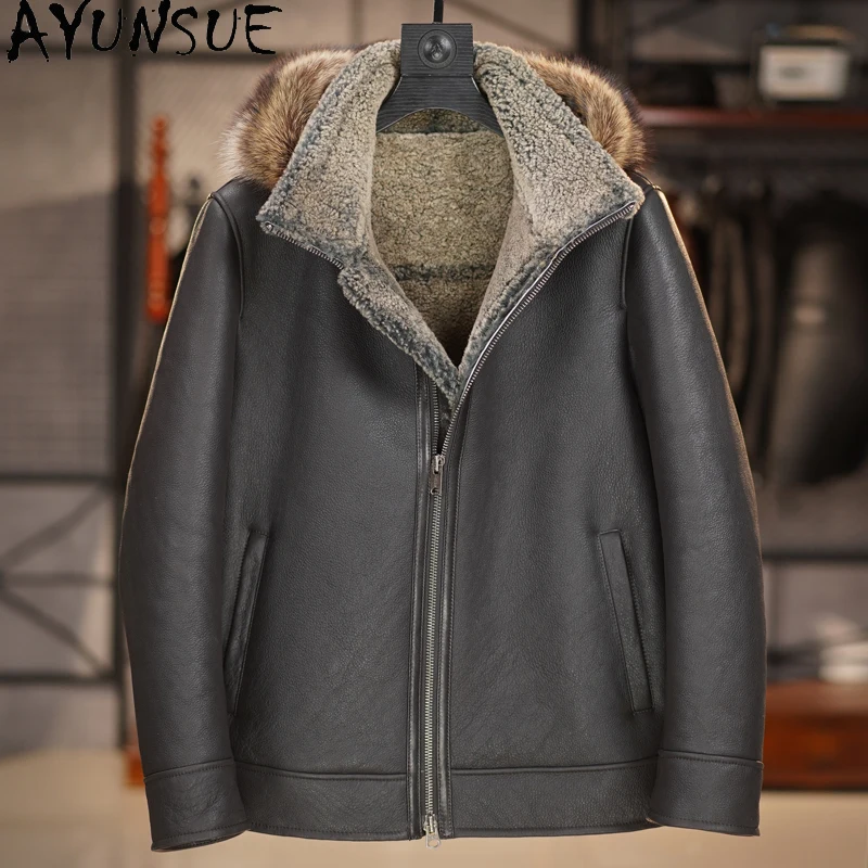 AYUNSUE Winter Natural Fur Coat Men Warm Water-washed Oil Wax Genuine Sheepskin Leather Jackets for Man Hooded Real Fur Jacket