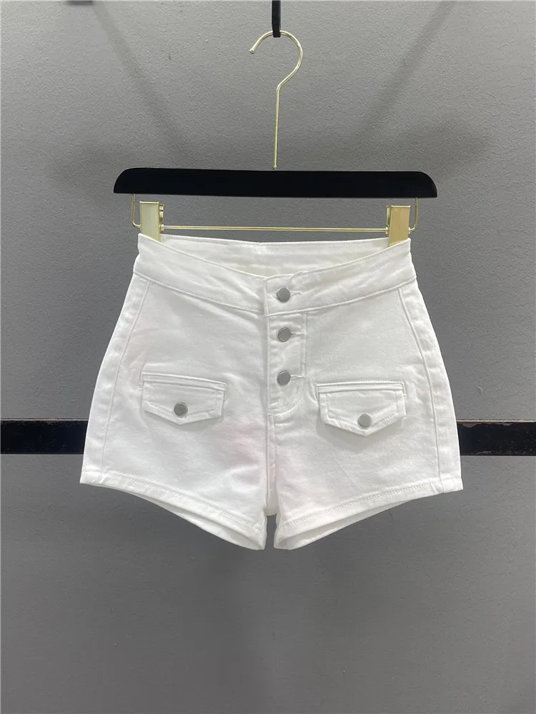 Sexy High-Waist Denim Shorts Women's Elastic Bodycon Slimming Hot Pants Casual Cotton Stretch Denim Button Fly Pure Color Sum...
