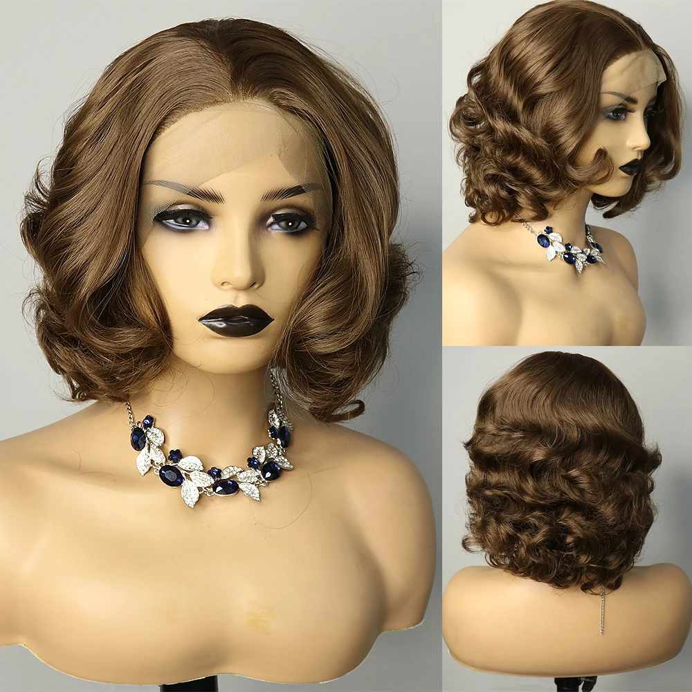 

Chocolate Brown Body Wave Short Bob Wig with Transparent Lace Front, suitable for women.