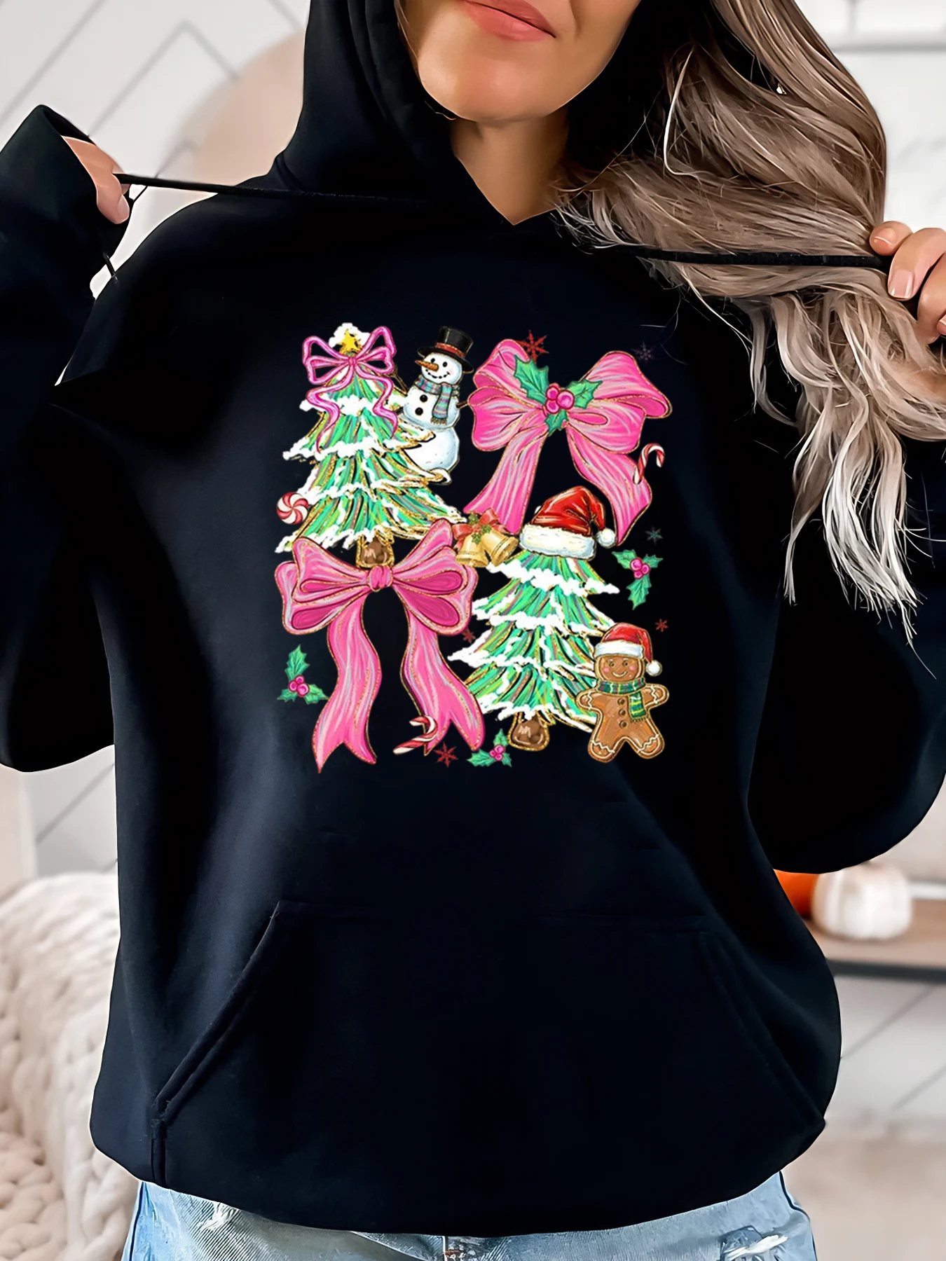 

Рождественская елка, снеговик, пряничный принт, праздничная толстовка с капюшоном, женская повседневная одежда, черный, больших размеров