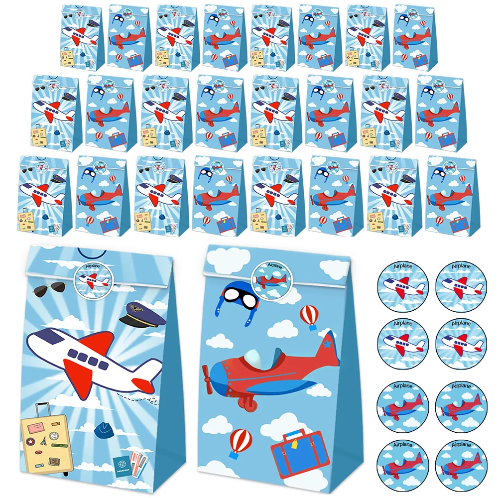 Airplane Birthday Party Paper Candy Bag with Sticker Cartoon Plane Gift Goodies Bags Kids Aviator Flight Theme Party Decorations